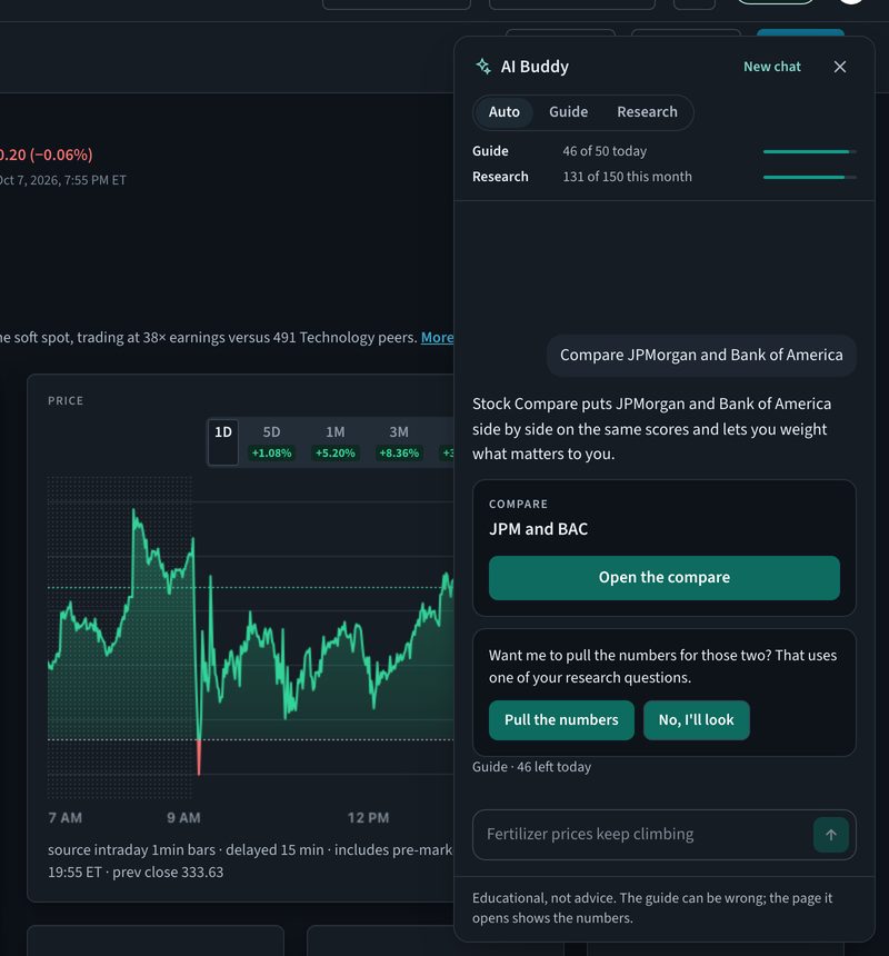 Apple's page on Tenet Investing with the AI Buddy panel open beside the drawn price chart. Asked to compare JPMorgan and Bank of America, it answers: "Stock Compare puts JPMorgan and Bank of America side by side on the same scores and lets you weight what matters to you." It links the compare and offers to pull the numbers.