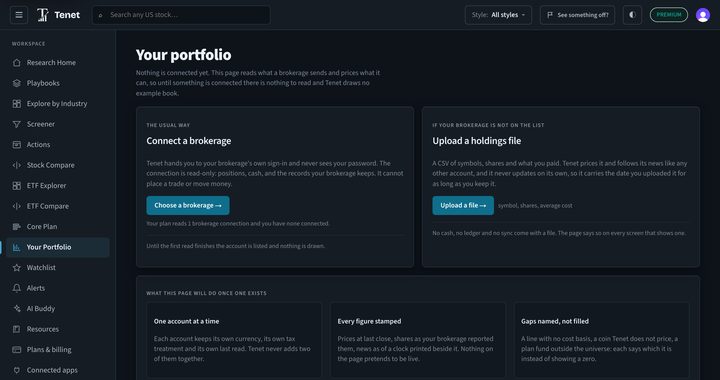 Tenet Investing's portfolio page before anything is linked, with its two ways in: connect a brokerage read-only, or upload a holdings file of symbols, shares and what you paid.